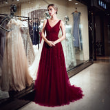 A Line V-Neck Sequins Beading Burgundy Tulle Prom Dress WH94707