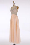 A Line V-Neck Chiffon Sleeveless Lace Long Prom Dresses