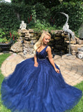 A Line Deep V-Neck Navy Blue Appliques Tulle Long Prom Dresses