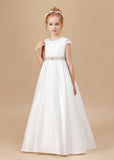 A Line Floor Length Bowknot Ivory Satin Flower Girl Dresses With Rhinestones Waist