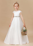 A Line Floor Length Bowknot Ivory Satin Flower Girl Dresses With Rhinestones Waist