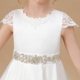 A Line Floor Length Bowknot Ivory Satin Flower Girl Dresses With Rhinestones Waist