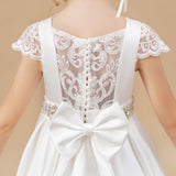 A Line Floor Length Bowknot Ivory Satin Flower Girl Dresses With Rhinestones Waist