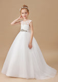 Ivory Floor-length Bowknot Tulle Flower Girl Dresses With Rhinestones Sash