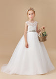 Ivory Floor-length Bowknot Tulle Flower Girl Dresses With Rhinestones Sash