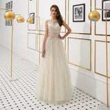 Shiny A Line Beading Sleeveless Tulle Floor Length Prom Dress WH64320