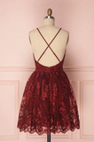 Burgundy V-Neck Lace Short Backless Homecoming Dresses N375