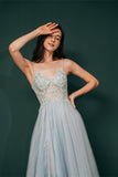 Modest Spaghetti Straps Beading Long Sky Blue Prom Dresses With Front Split WH441055