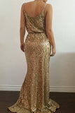 Gold Sequin Deep V-Neck Open-back Spaghetti Strap Side Slit Prom Dresses uk PM373