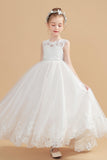 Cute Cap Sleeves Ivory Tulle Flower Girl Dresses With Beading FL0003