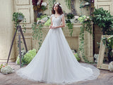 Elegant A Line V-Neck Sleeveless Appliques Beading Tulle Court Train Wedding Dress WH30267