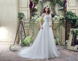 Elegant A Line V-Neck Sleeveless Appliques Beading Tulle Court Train Wedding Dress WH30267