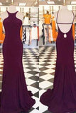 Halter Burgundy Mermaid Backless Long Evening Dresses