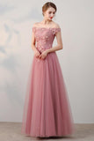 Chic A-Line Off-the-Shoulder Pink Appliques Lace-up Tulle Modest Long Prom Dresses uk PM410