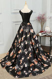 Chic A-Line Scoop Satin Black Lace up Sleeveless Long Flowers Prom Dresses uk PM622