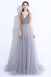 2018 New A-Line V-Neck Grey Tulle Beaded Long Sleeveless Backless Prom Dresses uk with Split PM884