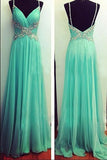 Blue Chiffon V-Neck Open Back A Line Long Prom Dress