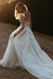 A-line Off the Shoulder Tulle Beach Wedding Dress with Appliques N119