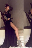 Sexy V Back Black Long Sleeves Lace Side Split Long Prom Dress