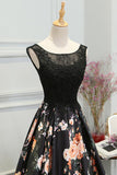 Chic A-Line Scoop Satin Black Lace up Sleeveless Long Flowers Prom Dresses uk PM622