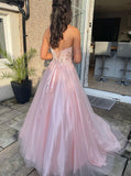 Sweetheart A Line Strapless Pink Tulle Long Prom Dresses Evening Gowns