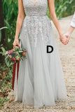 A-Line Grey Tulle Lace Appliques V-Neck Sleeveless Prom Dresses PM385