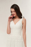 V-Neck Sleeveless Open Back A-Line Lace Ivory Sweep Trailing Wedding Dress Y9509