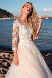 Tulle Scoop Neckline Pink A-Line Lace Appliques Long Sleeves Bowknot Wedding Dresses PH311