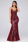 Sexy Spaghetti Straps Burgundy Sequins V-Neck Party Dress Mermaid Prom Dress P1170