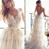 Lace A Line Sexy Spaghetti Straps Backless Beach Vintage Illusion Wedding Dress