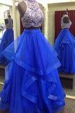 Royal Blue Two Piece Beaded Bodice Tulle Skirt Ball Gown Halter Sleeveless Prom Dresses PM224