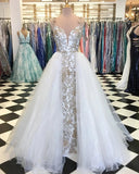 Sheath Spaghetti Straps White Detachable Train Prom Dress with Appliques Quinceanera Dress P1274