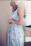 V-Neck Sleeveless Blue Tulle Appliques Affordable Long A-line Sleeveless Prom Dresses uk PM512