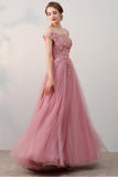 Chic A-Line Off-the-Shoulder Pink Appliques Lace-up Tulle Modest Long Prom Dresses uk PM410