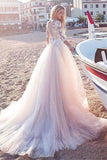 Tulle Scoop Neckline Pink A-Line Lace Appliques Long Sleeves Bowknot Wedding Dresses PH311