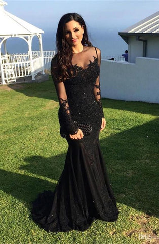 Modset Mermaid Black Long Sleeves Prom Evening Dresses With Appliques