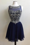 Chiffon Dark Blue Beading Round Neck Short Prom Dresses