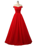 Elegant A Line Off The Shoulder Red Lace-up Floor-Length Prom Dresses