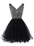 Sparkly Classy Short Sleeveless Cute V-Neck Beaded Tulle Crystals Homecoming Dresses