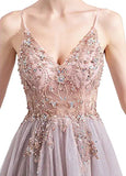 Gorgeous A Line Spaghetti Straps V-Neck Blush Tulle Prom Dress P1213