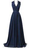 V-Neck Long Chiffon open Back Bridal Prom Evening Dress