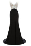 Mermaid Black V-Neck Crystal Beaded Long Prom Dresses With Side Slit