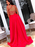 Shiny A Line High Slit Red Satin Prom Dress