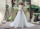 A Line Strapless Sleeveless Appliques Beading Tulle Court Train Wedding Dress WH30272