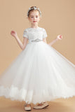 Tulle Short Sleeves Ivory Flower Girl Dresses With Beading FL0006