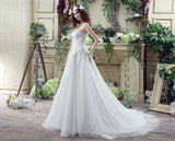 A Line Strapless Sleeveless Appliques Beading Tulle Court Train Wedding Dress WH30272