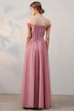 Chic A-Line Off-the-Shoulder Pink Appliques Lace-up Tulle Modest Long Prom Dresses uk PM410