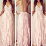 Blush Pink Sexy Backless Chiffon V-Neck Lace Prom Dress