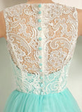 A Line Mint Sleeveless Lace Long Prom Dresses