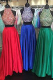 Beading Crystal Sexy 2 Pieces Long A Line Evening Prom Dress